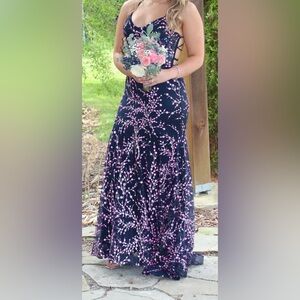 Elegant Navy and Pink Floral Prom Dress